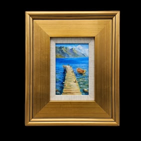 Gilt-Framed Oil/Board: Dock in Landscape