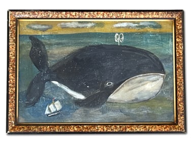 Framed Folk Art Oil/Board: Whale