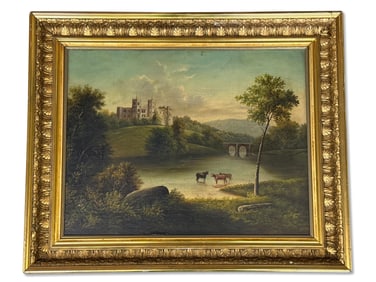 19th C. Oil/Canvas: Pastoral Scene with Castle