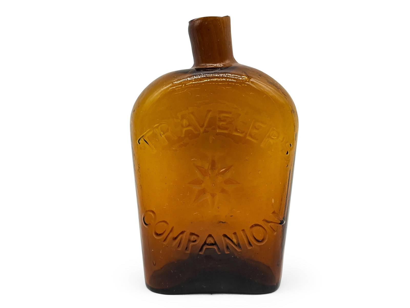 American Traveler's Companion Flask: An American glass flask with embossing on both sides featuring "Traveler's Companion" with an eight-point star, and the verso marked "Ravenna Glass Co." with an eight -point star. GXIV-3. Approx. 6-1/