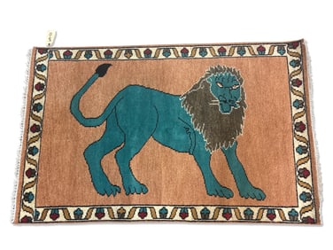 Turkish Blue Lion Carpet, 3ft 10in x 6ft
