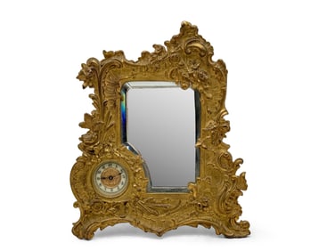 Art Nouveau Bronze Vanity Clock and Mirror