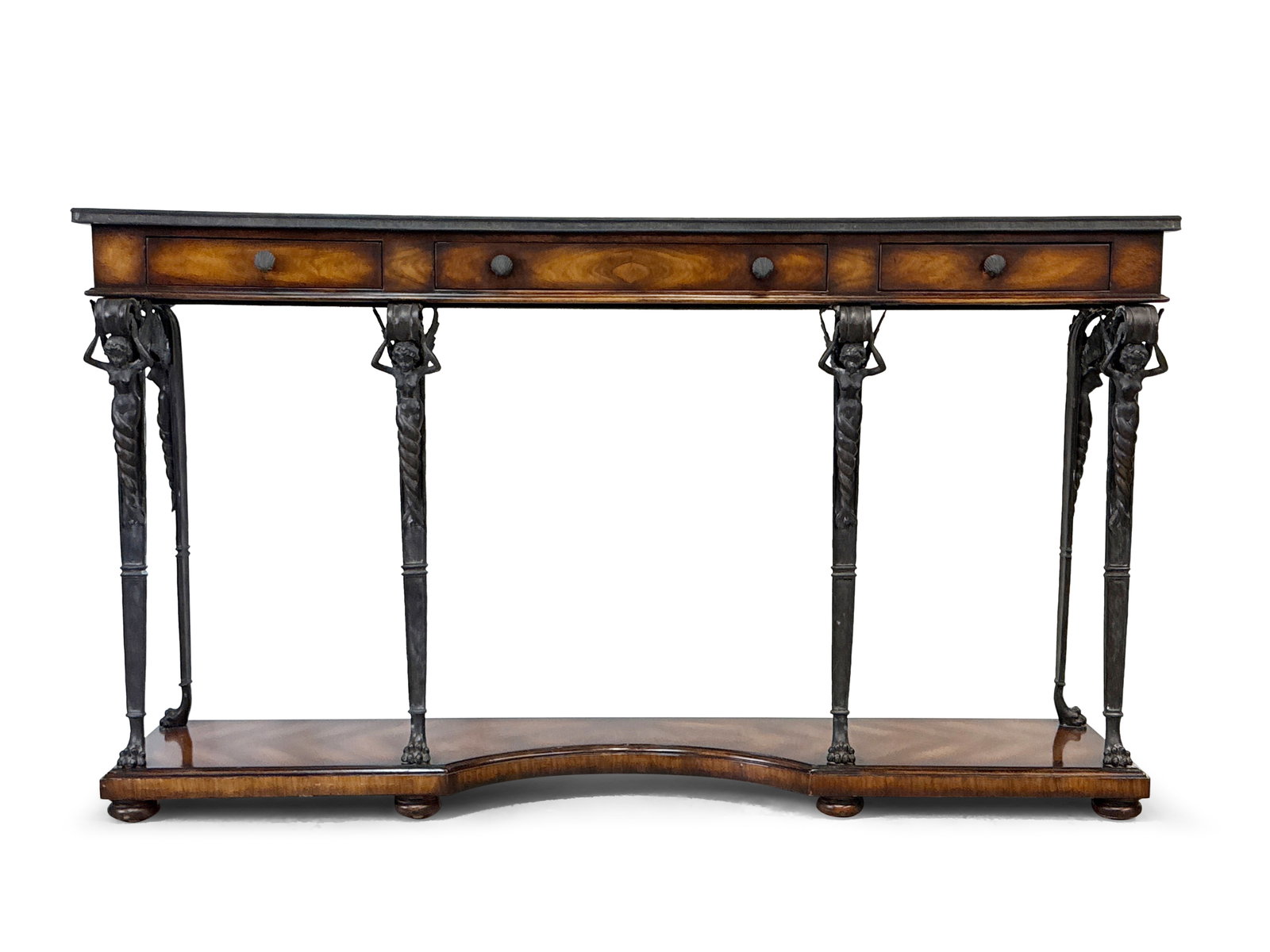 Attrib. Theodore Alexander Mahogany and Bronze Console: An attributed to Theodore Alexander mahogany console or sofa table with bronze figural winged female supports and plinth base. 36-3/4in tall x 64in wide x 14-1/2in deep. | You have additional shipping
