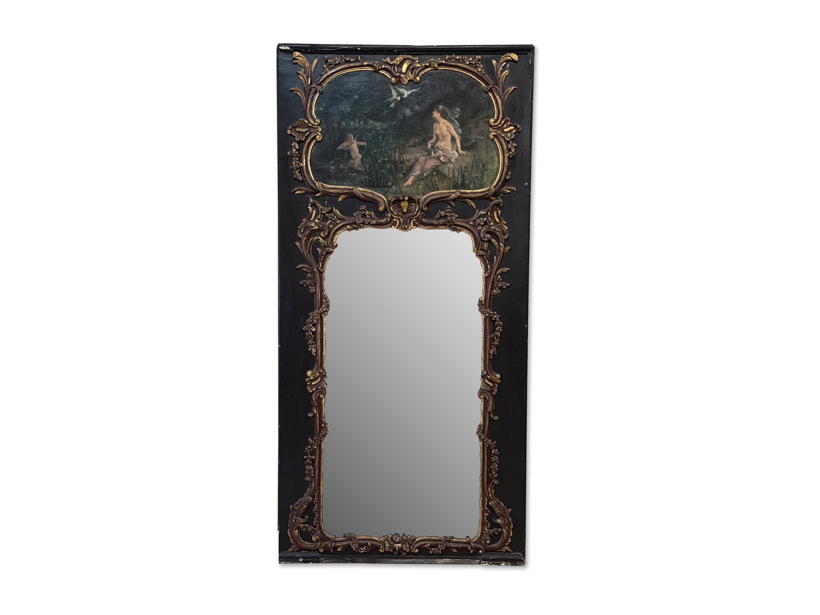 French Louis XVI Trumeau Mirror, circa 1884: A large French Louis XV-style trumeau mirror with a black-painted and rococo gilded surface, and a classical painting on canvas depicting a courting scene cupid and nude woman with doves. Signed illeg