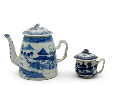 Chinese Canton Lidded Teapot and Covered Cup