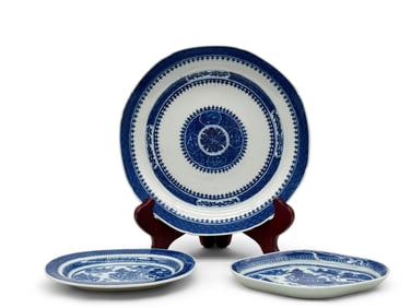 Three Chinese Canton Blue & White Plates