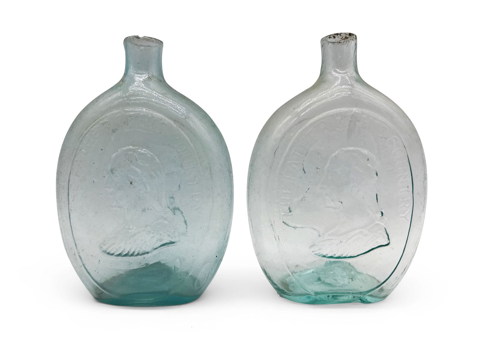 Two American Washington/Taylor Portrait Flasks: Two American historical flasks featuring an embossed portrait of George Washington under "The Father of His Country" and a portrait of General Taylor under "Gen. Taylor Never Surrenders" on the revers