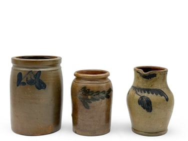 Three Stoneware Blue Slip-Decorated Crocks