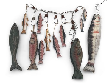 12 Carved and Painted Wood Fish on Stringer