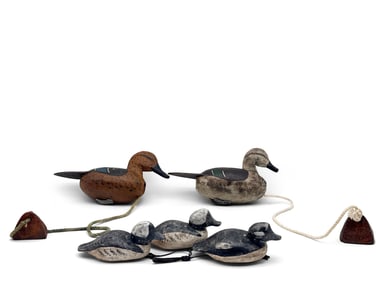 Five Carved Wood and Painted Duck Decoys