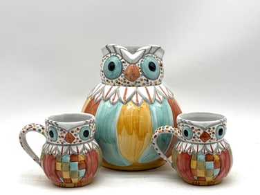 MacKenzie-Childs Owl Cookie Jar and Mugs