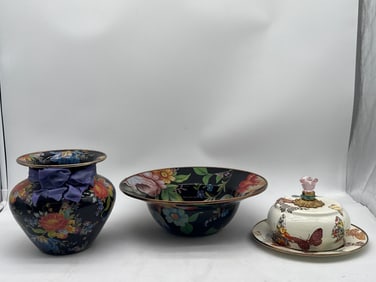 Three MacKenzie-Childs Enameled Table Articles