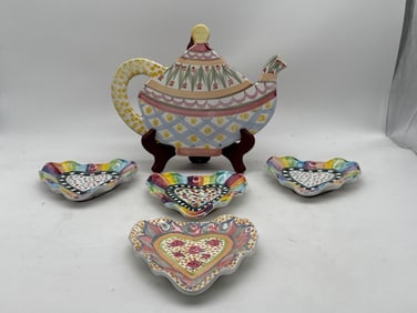 MacKenzie-Childs Teapot Trivet and Heart Dishes