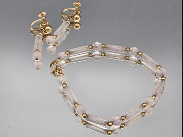 Rose Quartz Bracelet and Earrings in 14K
