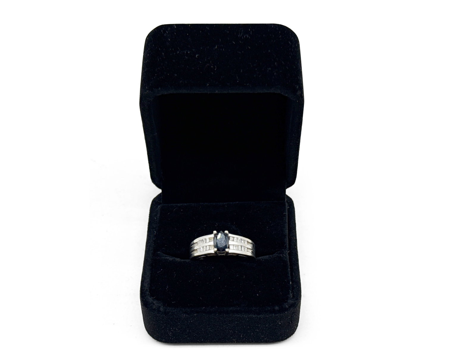 14K White Gold Ring with Sapphire and Diamonds: An IMC 14K white gold ring with center sapphire and diamond accents. Marked IMC, 14K. Size 7. 4.1 dwt. | You have additional shipping options, and are not required to use Live Shipping. Additional thi