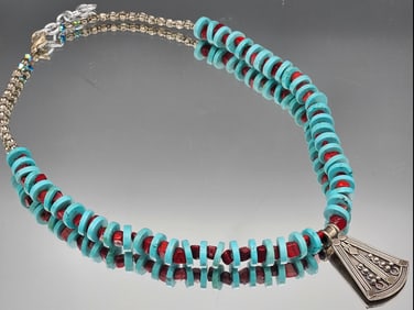 Sterling Necklace with Turquoise and Red Coral