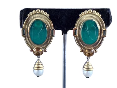 Pr. of 18K Intaglio Earrings with Gemstones and Pearls