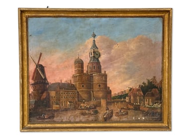Dutch School Oil/Panel: Landscape with Clock