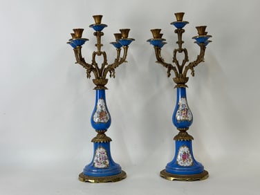 Pair of French Porcelain and Bronze Candelabras