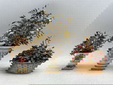 Three Metal and Enamel Flower Basket Sculptures