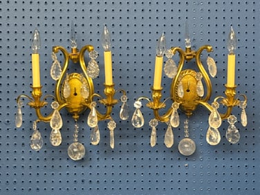 Pair of Gilt Metal and Rock Crystal Wall Sconces