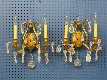 Pair of Gilt Metal and Rock Crystal Wall Sconces