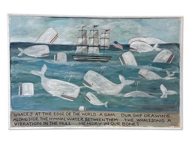 Large Hand-Painted New England Folk Art Whaling Scene