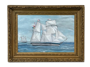 Gilt-Framed New England Folk Art/Panel: Seascape