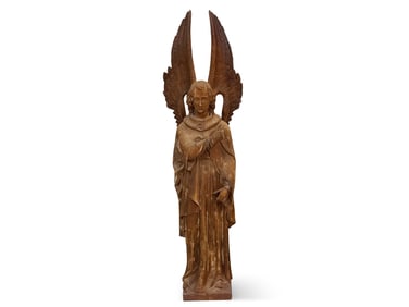Large 19th C. Carved Wood Angel Sculpture