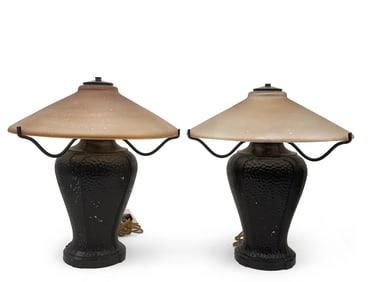 Two Craftsman-style Hammered Metal Table Lamps