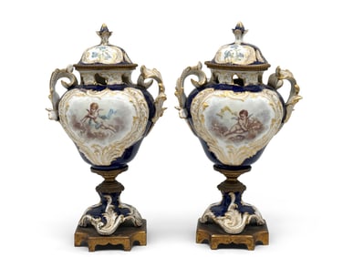 Pair of French Sèvres Porcelain Lidded Urns