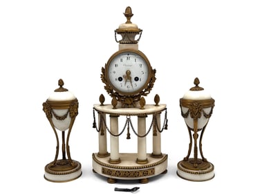 Louis XVI-style Marble & Bronze Clock Garniture Set