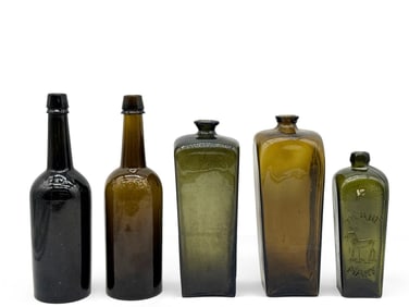 Five 19th C. Olive Glass Liquor Bottles