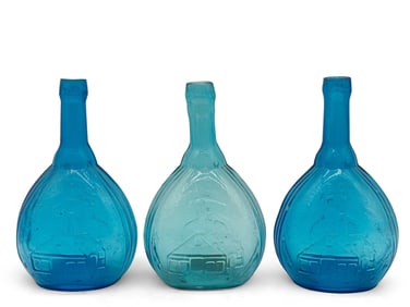 Three Jenny Lind Empire Blue Glass Works Bottles