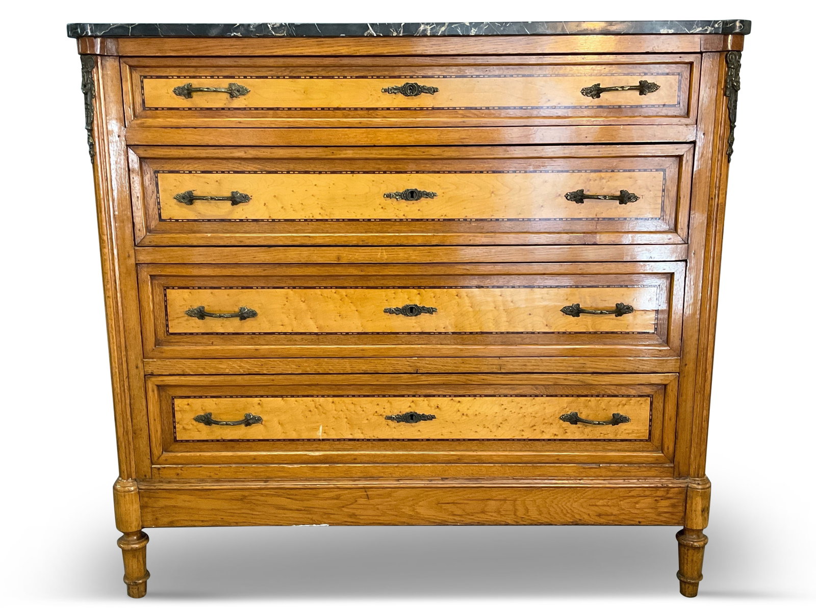 French Louis XVI-style Marble Top Chest of Drawers: A French Louis XVI-style marble top chest of drawers with ormolu mounts. 43in tall x 46in wide x 20-1/2in deep. | You have additional shipping options, and are not required to use Live Shipping. Addit