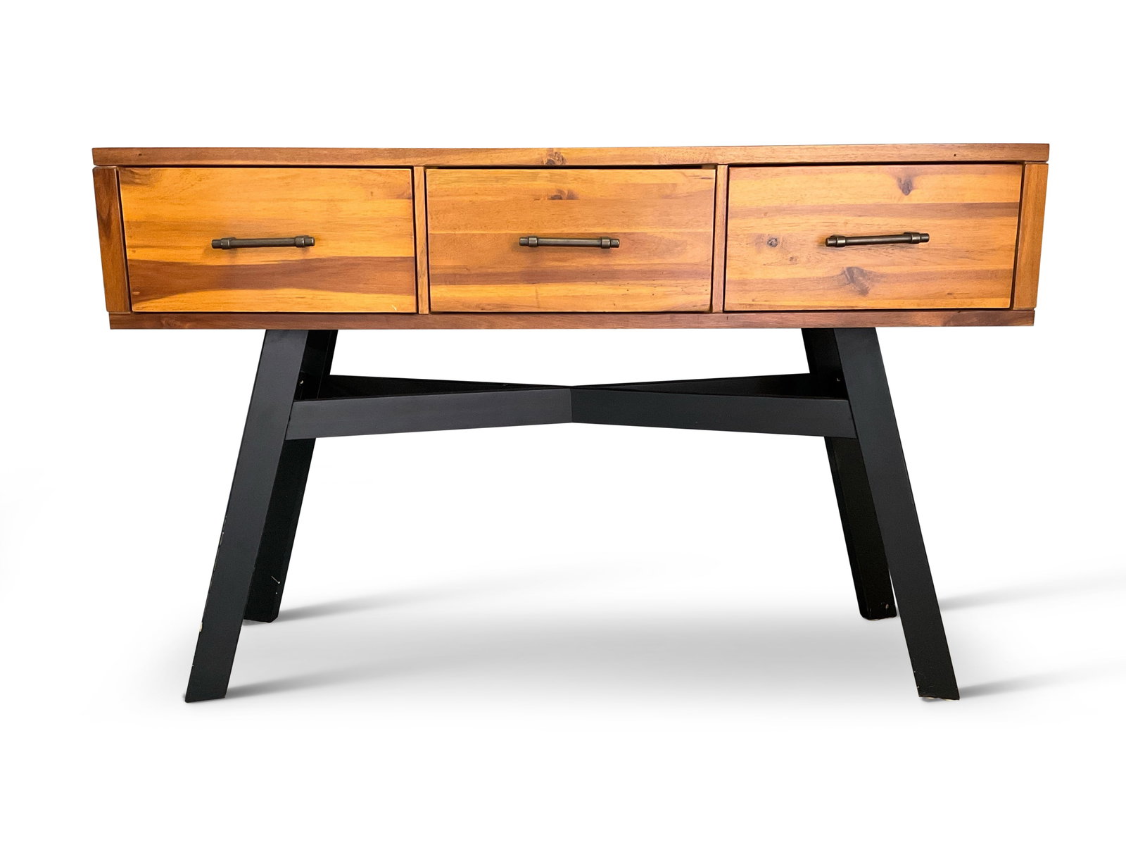 Contemporary Three-Drawer Console Table: A contemporary three-drawer console table on an ebonized base. 33in tall x 52in wide x 15in deep. | You have additional shipping options, and are not required to use Live Shipping. Additional third-pa