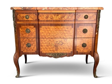 French Transitional Marquetry Inlaid Marble-Top Commode