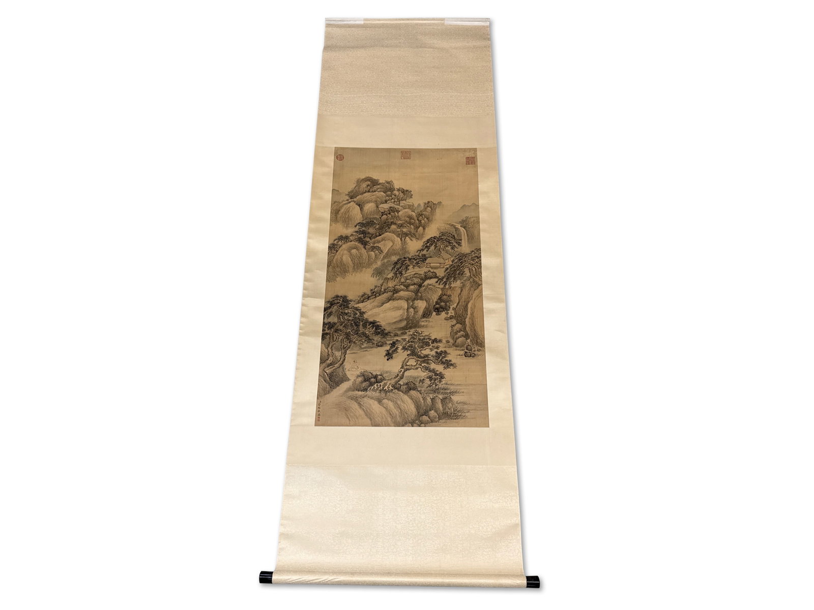Chinese Watercolor and Silk Scroll: A Chinese watercolor on silk scroll with landscape scene, signed lower left, and with seal marks at top. Silk: 39in tall x 20in wide. Scroll: 80in tall x 28-1/2in wide. | You have additional shipping 
