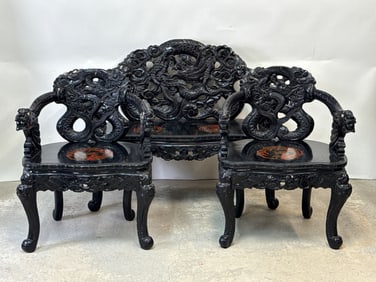 Japanese Meiji Ebonized Dragon-Carved Parlor Suite