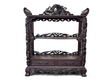 Japanese Meiji Ebonized Dragon-Carved Etagère