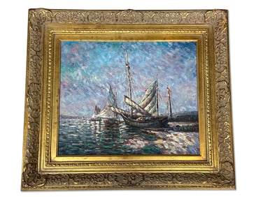 Oil/Canvas: Impressionist Harbor Scene