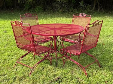 Red-Painted Wrought Iron Patio Dining Set