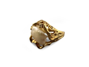 14K Gold Freeform Ring with Pearl and Diamonds