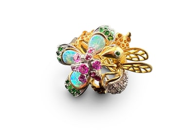 14K Gold Multi-Gemstone Bee Ring