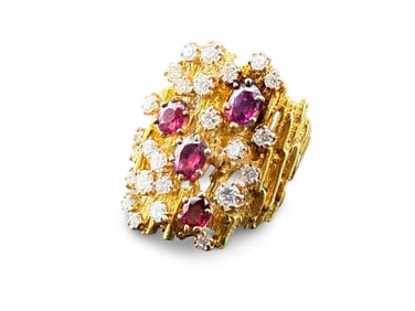 14K Gold Brutalist Ring with Rubies & Diamonds