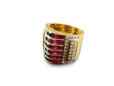 18K Gold Ring with Sapphires, Rubies & Diamonds