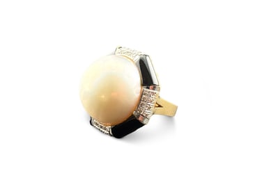 14K Gold Ring with Mabe Pearl, Onyx, and Diamonds