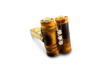 14K Gold Ring with Tigers Eye and Diamonds