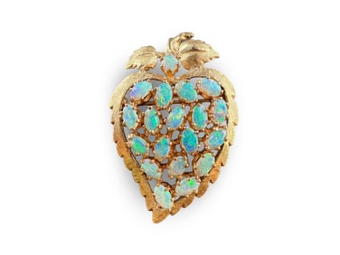 14K Yellow Gold Leaf Pendant Brooch with Opals