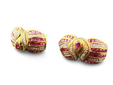 Pair of 18K Gold Earrings with Rubies and Diamonds